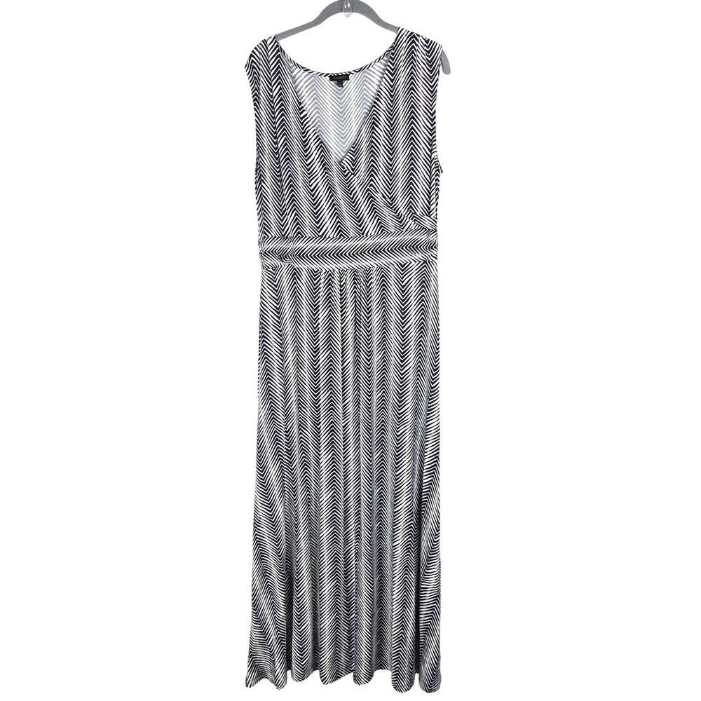 Talbots Navy White Herringbone Print Jersey Knit Maxi Dress L Casual Stretch